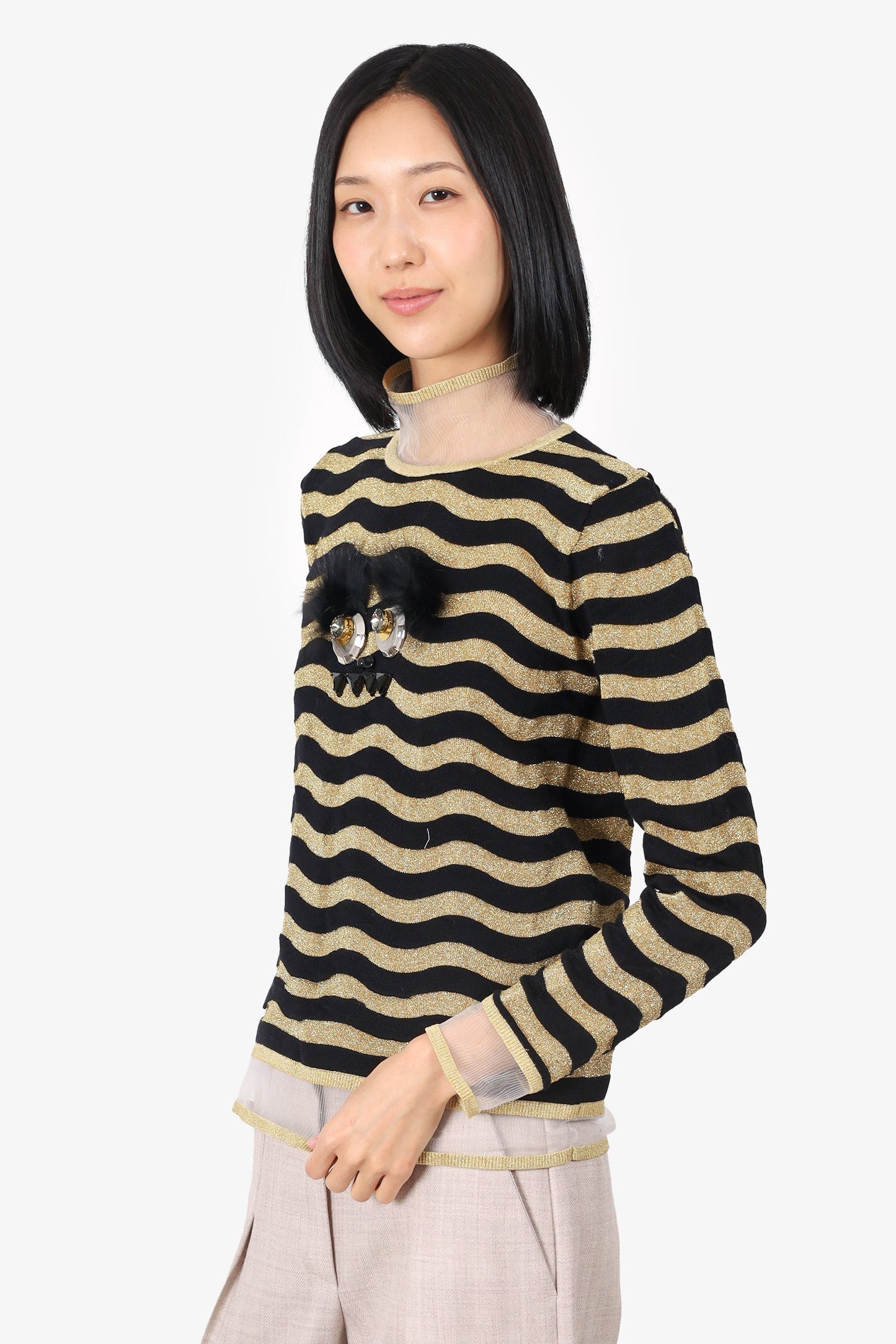 Fendi Black/Gold Metallic Embellished Monster Sweater Size 42 (As Is)