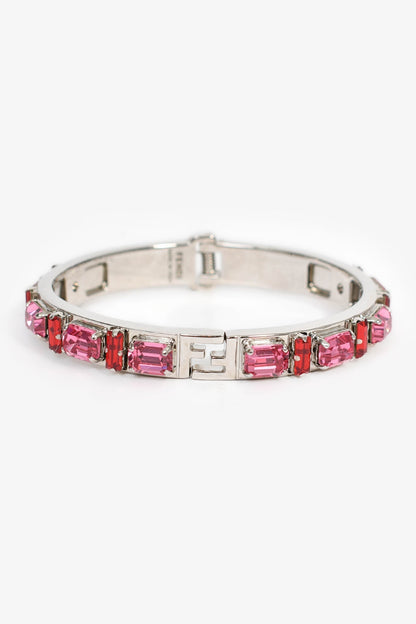 Fendi Silver Toned Red/Pink Crystal Bracelet