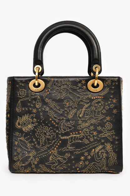 Christian Dior 2017 Black Leather Zodiac Embroidered Medium Lady D-Lite Bag With Strap