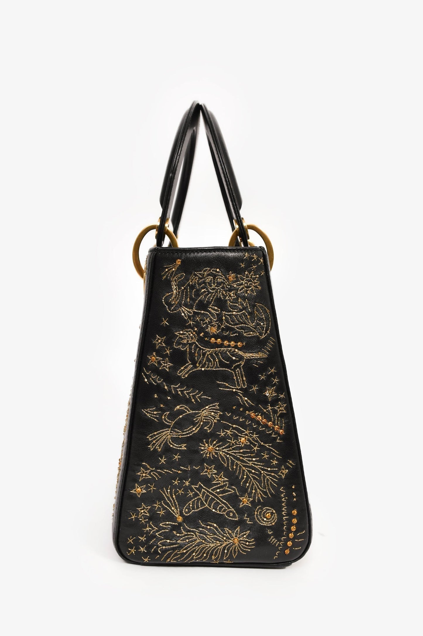 Christian Dior 2017 Black Leather Zodiac Embroidered Medium Lady D-Lite Bag With Strap