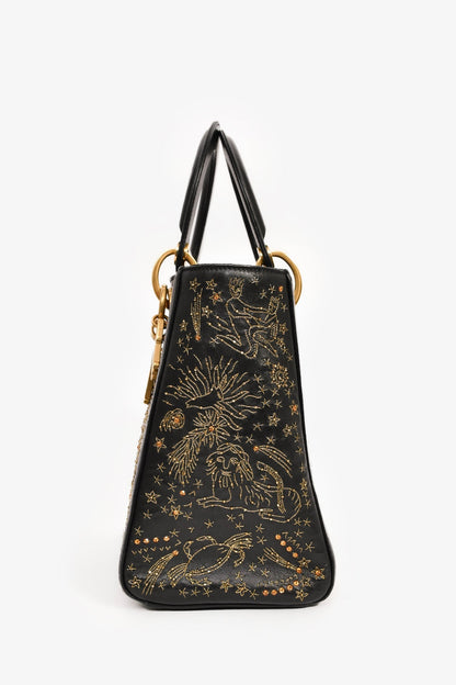 Christian Dior 2017 Black Leather Zodiac Embroidered Medium Lady D-Lite Bag With Strap