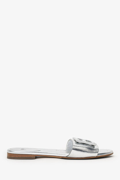 Fendi Silver Metallic Leather Baguette Slide Sandal Size 37