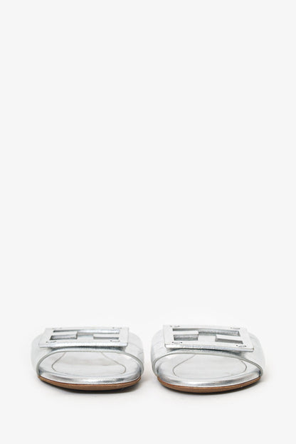 Fendi Silver Metallic Leather Baguette Slide Sandal Size 37