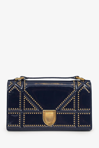 Christian Dior 2017 Navy Patent Studded Mini Diorama Top Handle Bag With Pouch