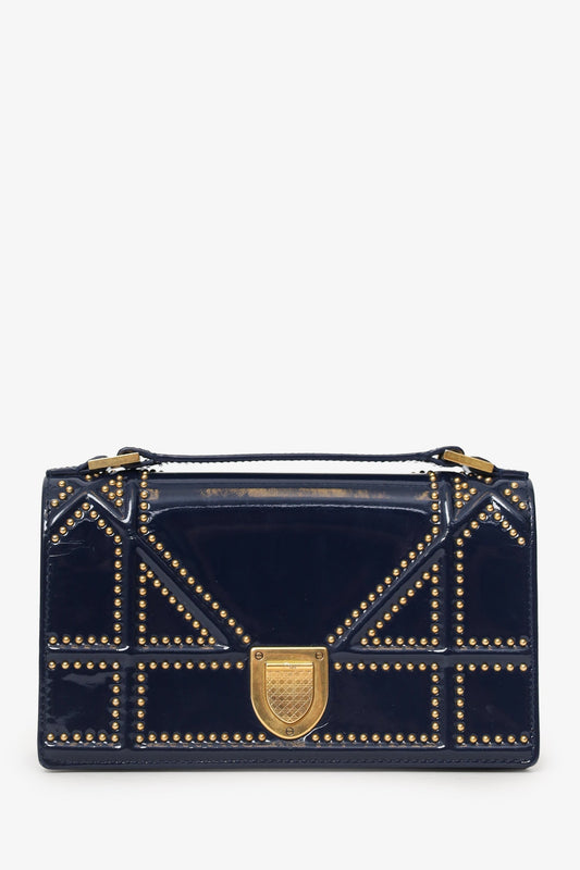 Christian Dior 2017 Navy Patent Studded Mini Diorama Top Handle Bag With Pouch