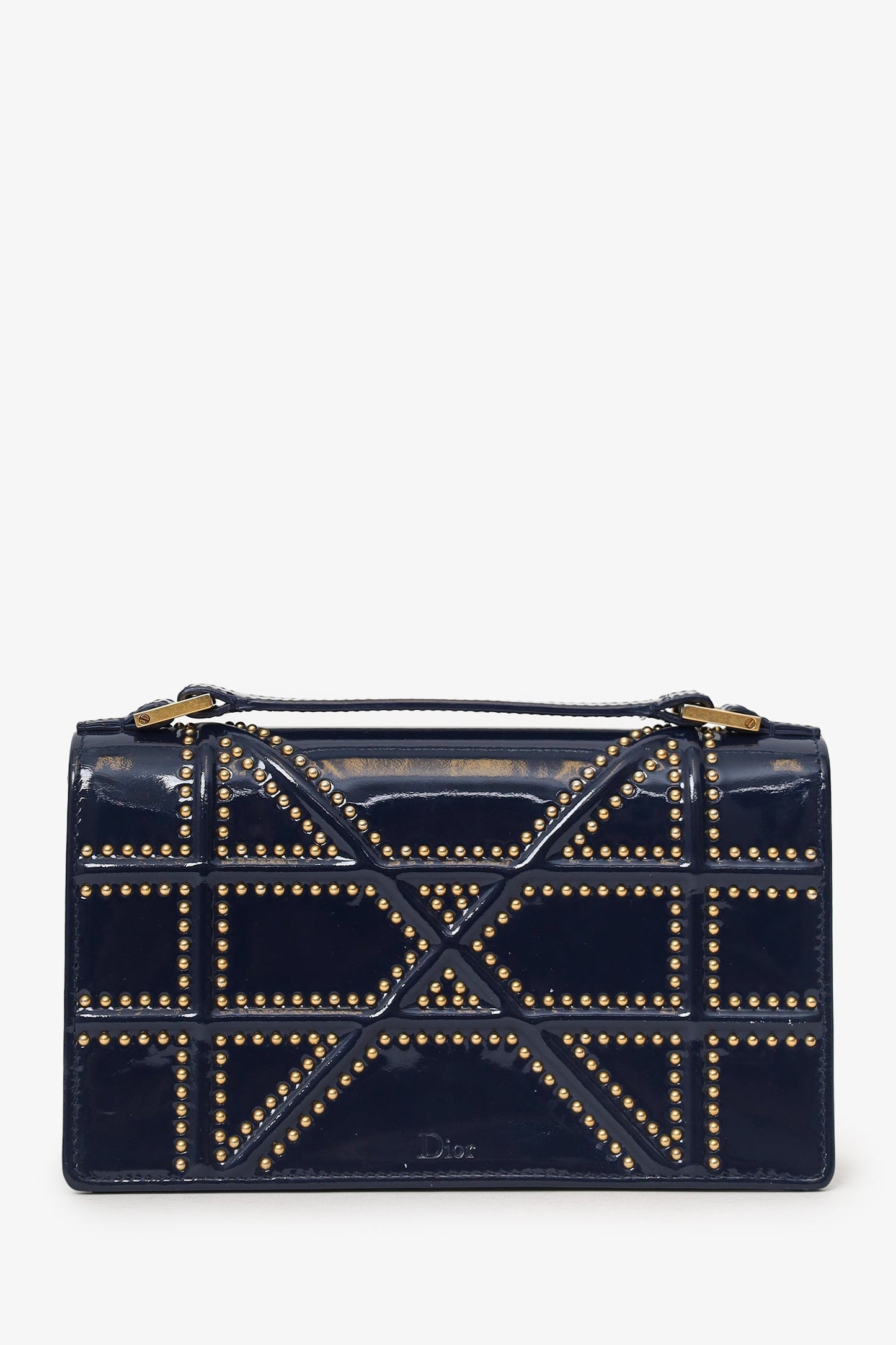 Christian Dior 2017 Navy Patent Studded Mini Diorama Top Handle Bag With Pouch