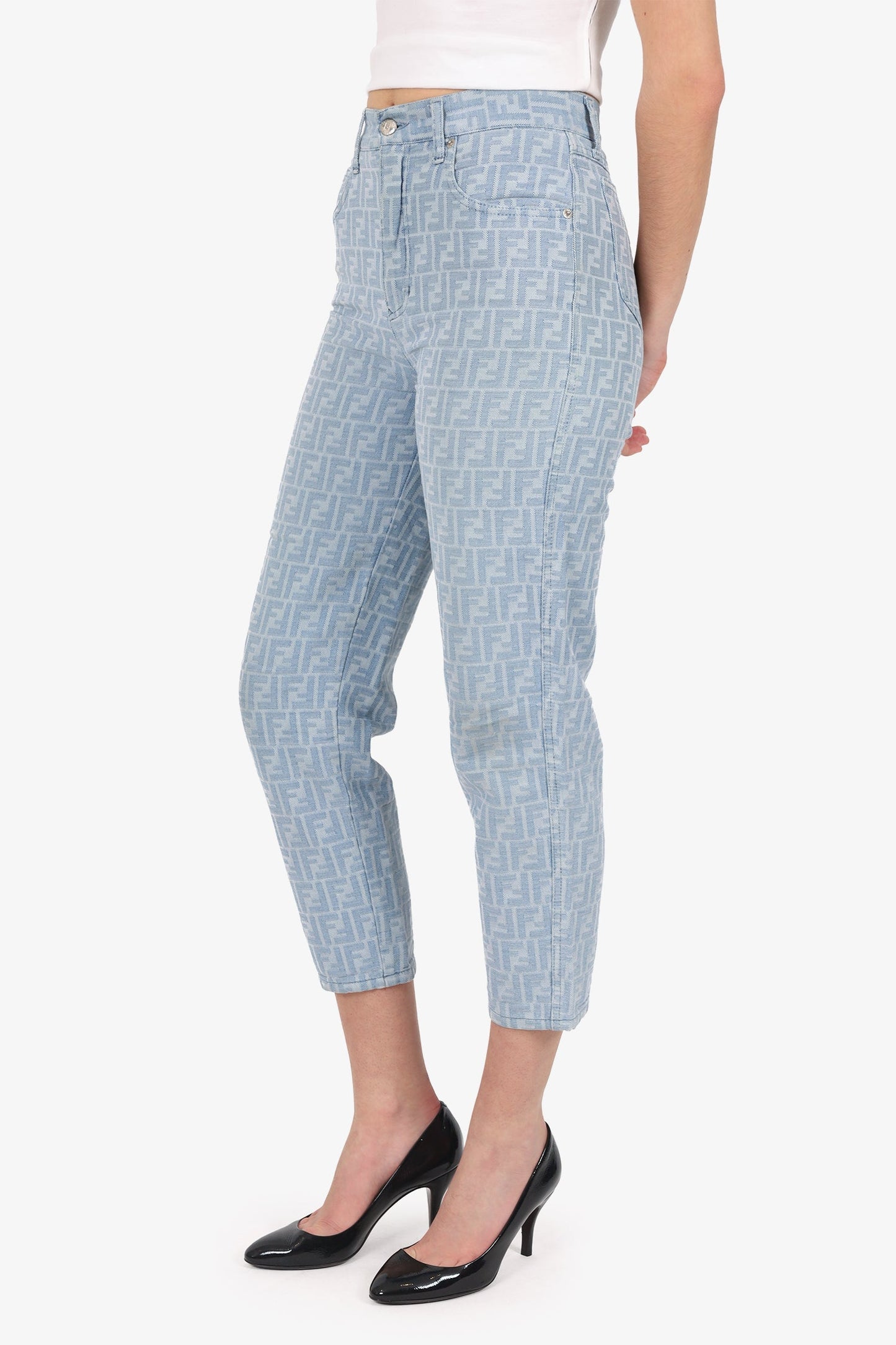 Fendi Blue Denim Zucca Print High Waisted Jeans Size 28