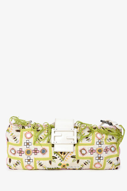 Fendi Limited Edition White/Green Fringe Beaded Embroidery Baguette Pochette