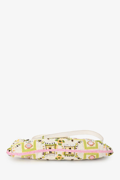 Fendi Limited Edition White/Green Fringe Beaded Embroidery Baguette Pochette