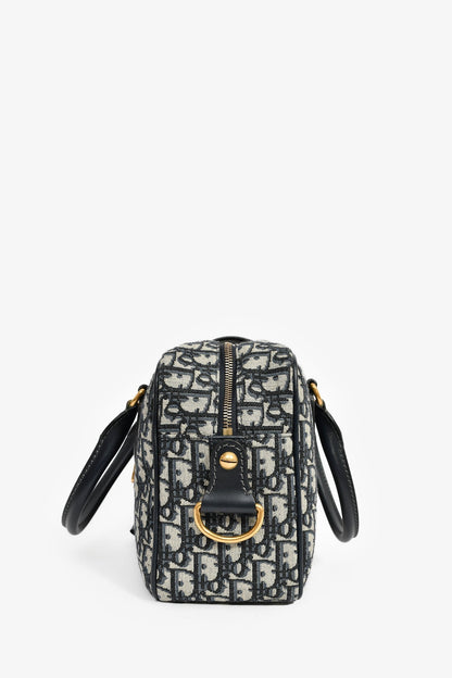 Christian Dior 2017 Navy Oblique Jacquard Bowling Bag With Strap