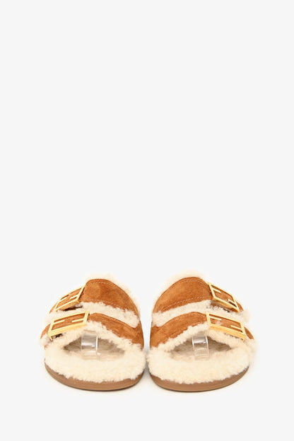 Fendi Brown Suede Shearling Buckle Slides Size 37