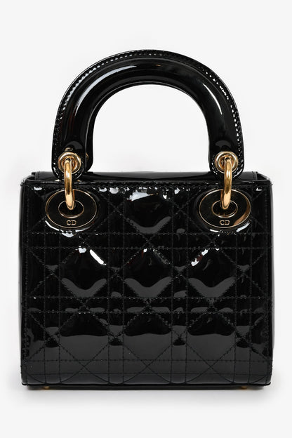 Christian Dior 2020 Black Patent Leather Mini Lady Dior Bag With Strap