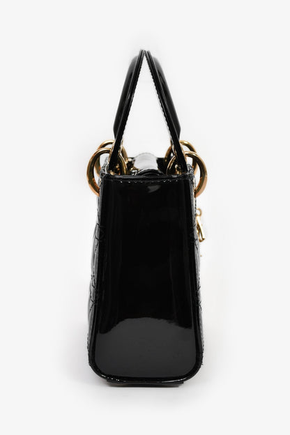 Christian Dior 2020 Black Patent Leather Mini Lady Dior Bag With Strap
