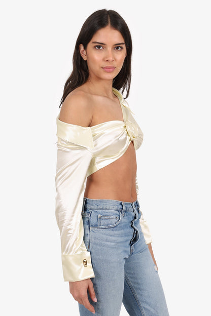 Fendi White Silk Flower Front Long Sleeve Crop Top Size 38