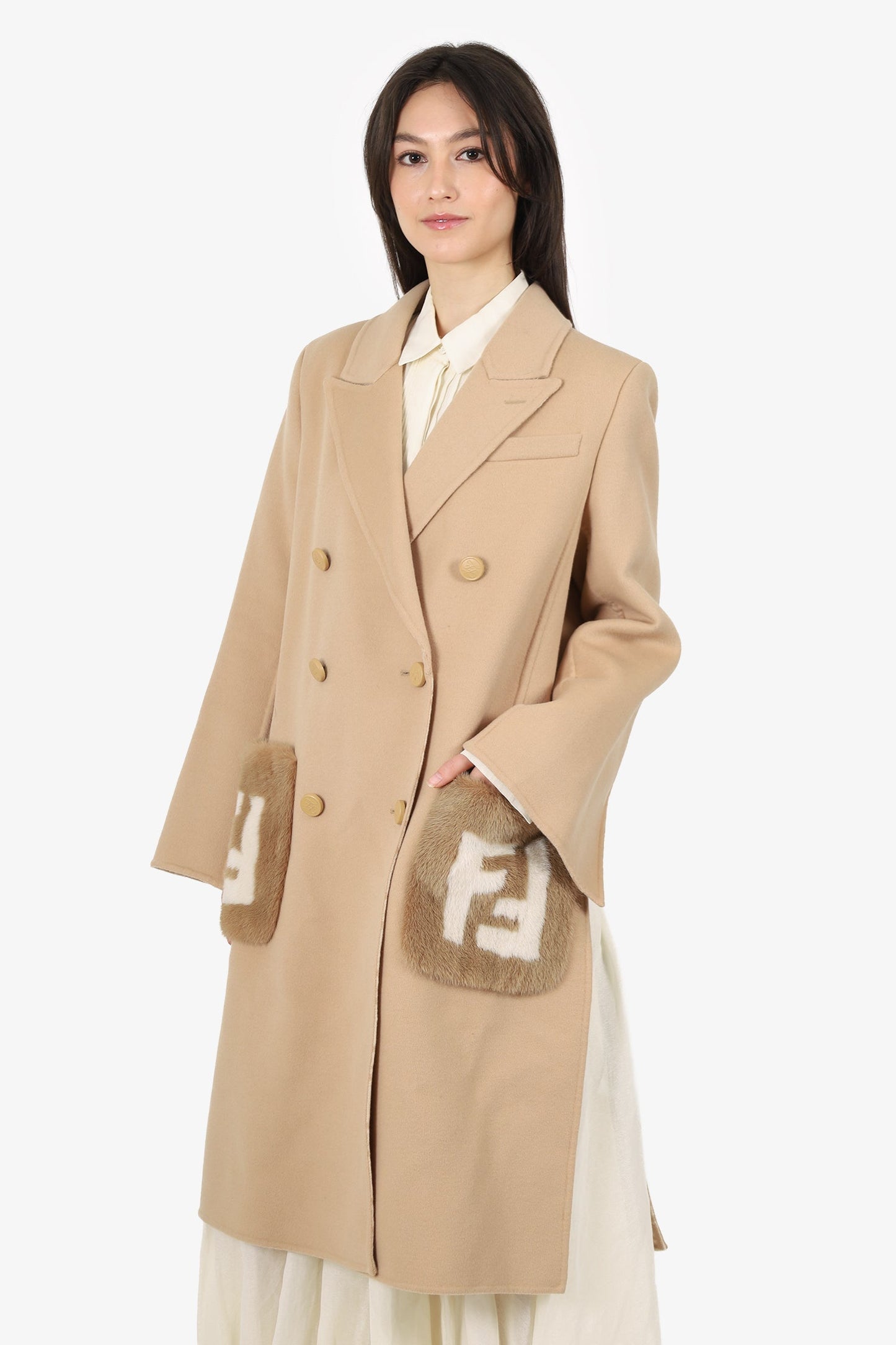 Fendi 2025 Beige Wool Mink FF Fur Pocket Coat Size 40