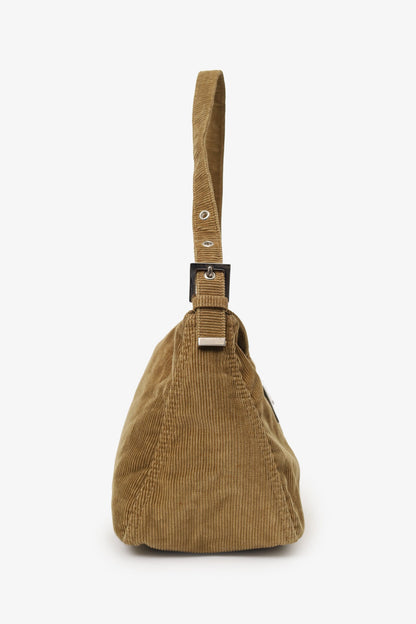 Fendi Brown Corduroy Double Flap Baguette Shoulder Bag