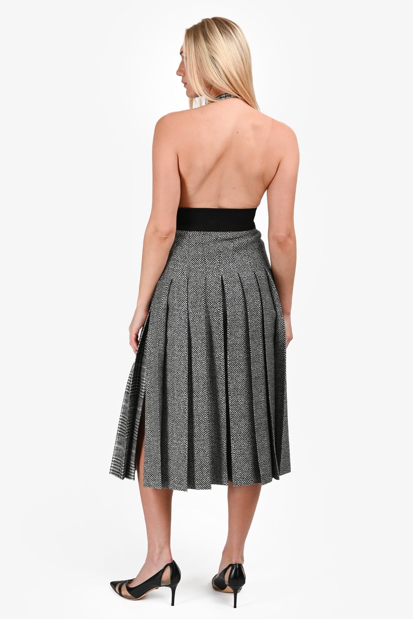 Fendi Black/White Houndstooth Pleated Midi Dress Size 36