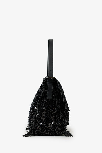 Fendi Limited Edition (1/30) Black Sequin Beaded Fringed Mama Baguette Shoulder Bag