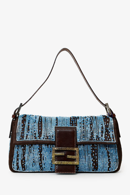 Fendi Brown/Blue Satin Beaded Baguette Shoulder Bag