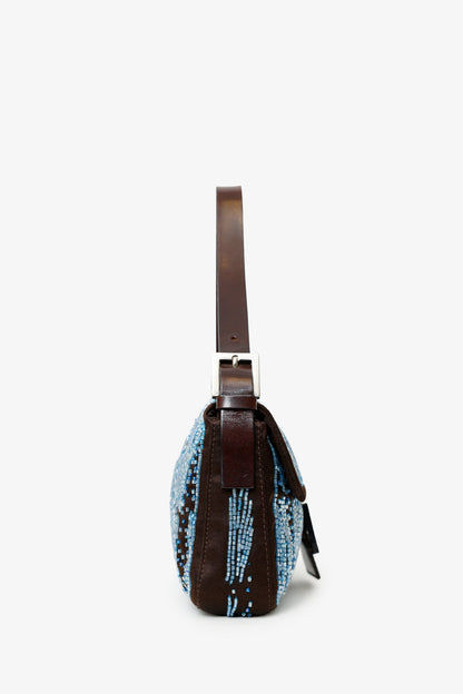 Fendi Brown/Blue Satin Beaded Baguette Shoulder Bag