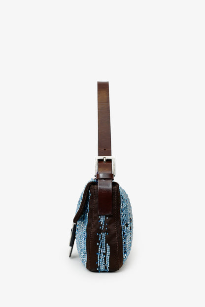 Fendi Brown/Blue Satin Beaded Baguette Shoulder Bag