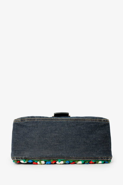 Fendi Blue Denim Crochet Floral Embellished Mama Baguette Shoulder Bag