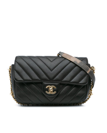 Mini Rectangular Chevron Lambskin Chain Around Flap Crossbody Bag