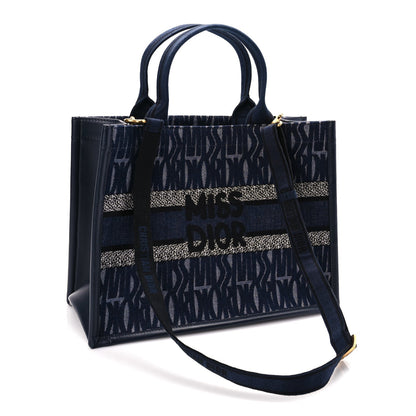 Christian Dior Canvas Calfskin Embroided Medium Miss Dior All Over Book Tote Denim Multicolor