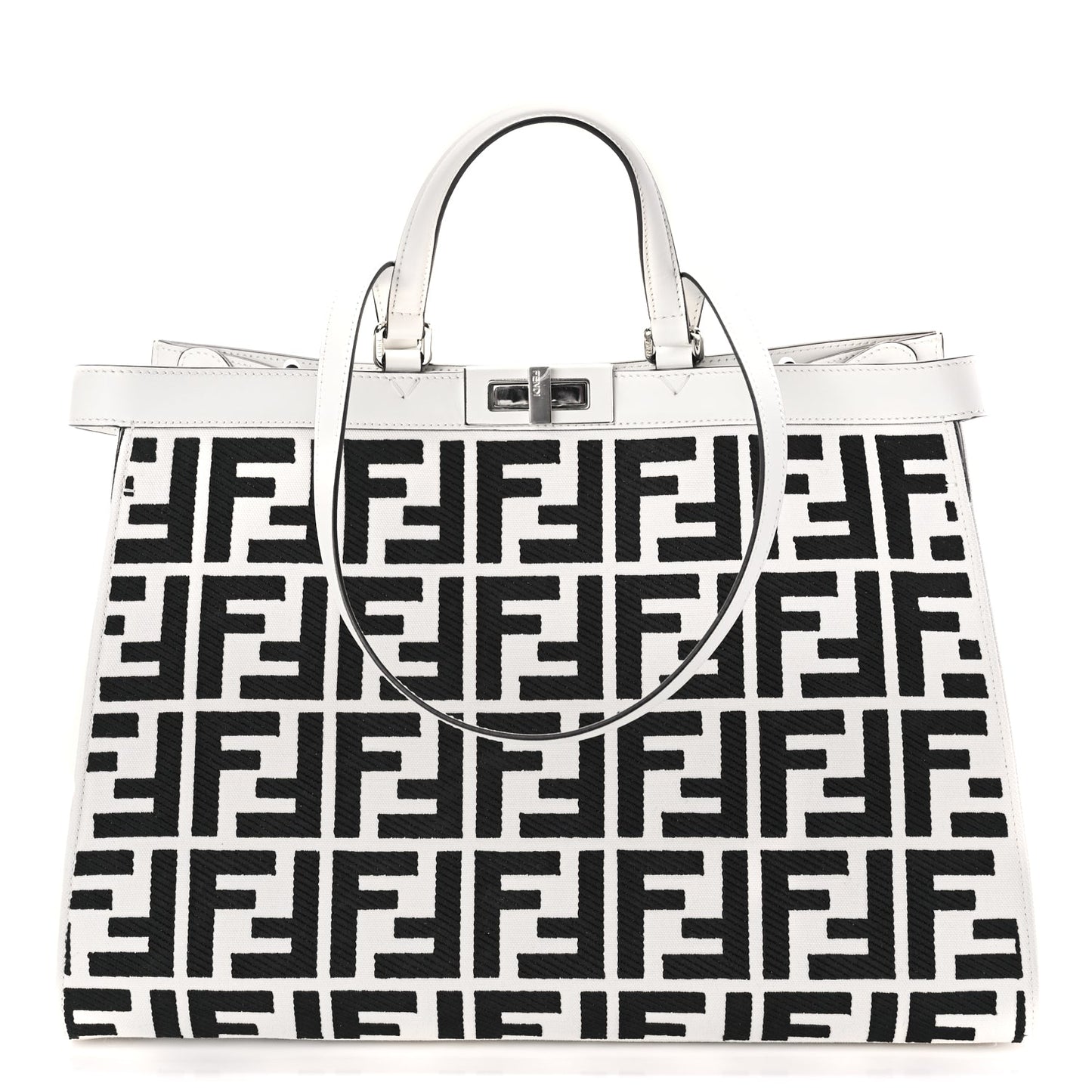 Fendi Canvas Vitello King FF Embroidered Medium Peekaboo X-Tote White Rice Black
