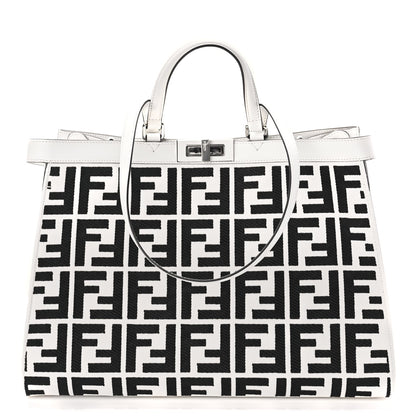 Fendi Canvas Vitello King FF Embroidered Medium Peekaboo X-Tote White Rice Black