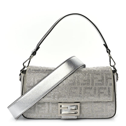 Fendi Crystal Vitello Laminato FF Medium Baguette Crystal Argento