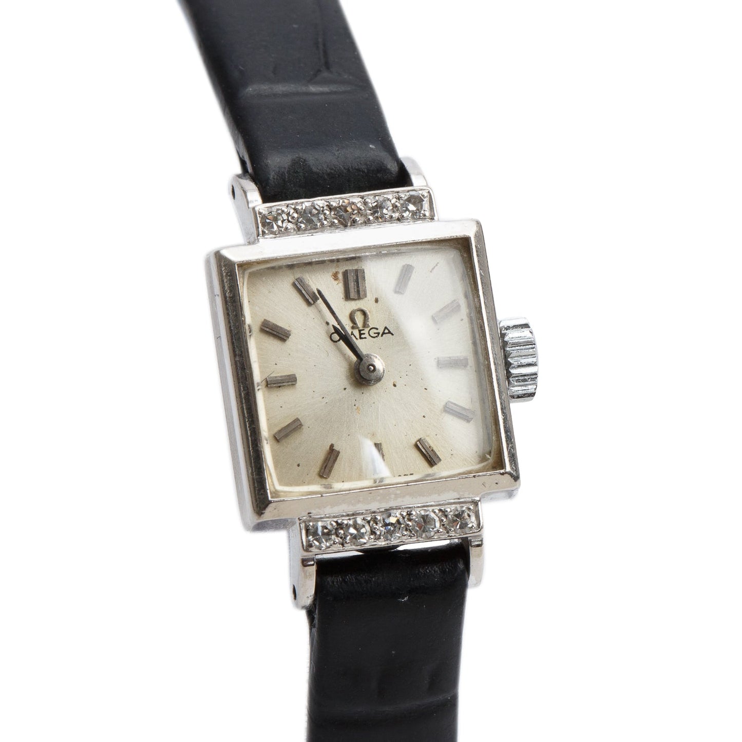 Omega Vintage 18k White Gold Diamond Bezel 14 MM Manual Watch