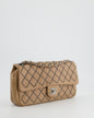 Chanel Beige East West Single Flap Bag in Lambskin Leather with Silver Quilted Chain Detail