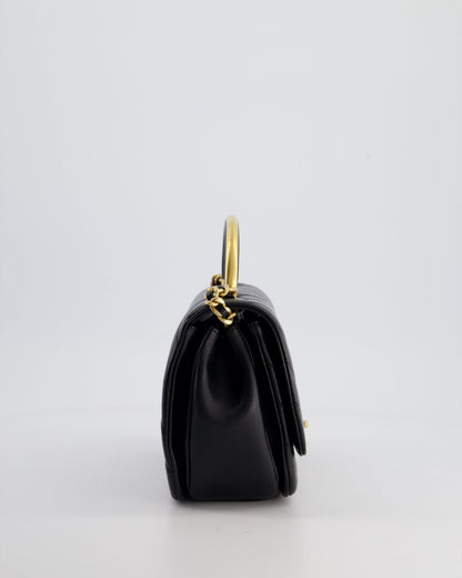 Chanel Black Top Handle Flap Bag in Chevron Lambskin with Antique Gold Hardware