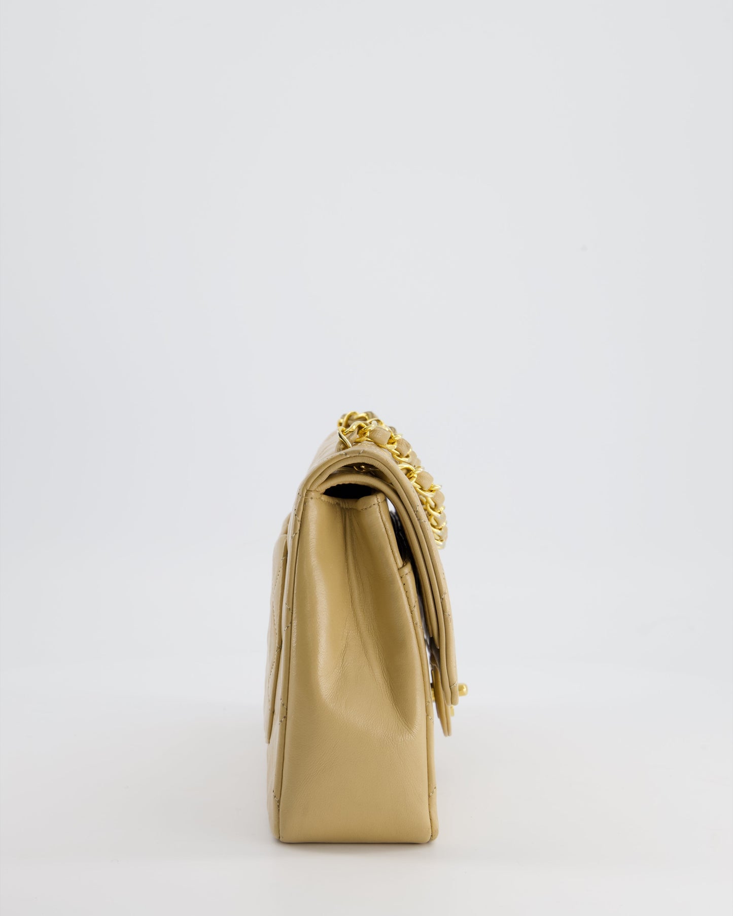 Chanel Beige Classic Medium Double Flap Bag in Lambskin Leather with 24K Gold Hardware and Stitched Edge