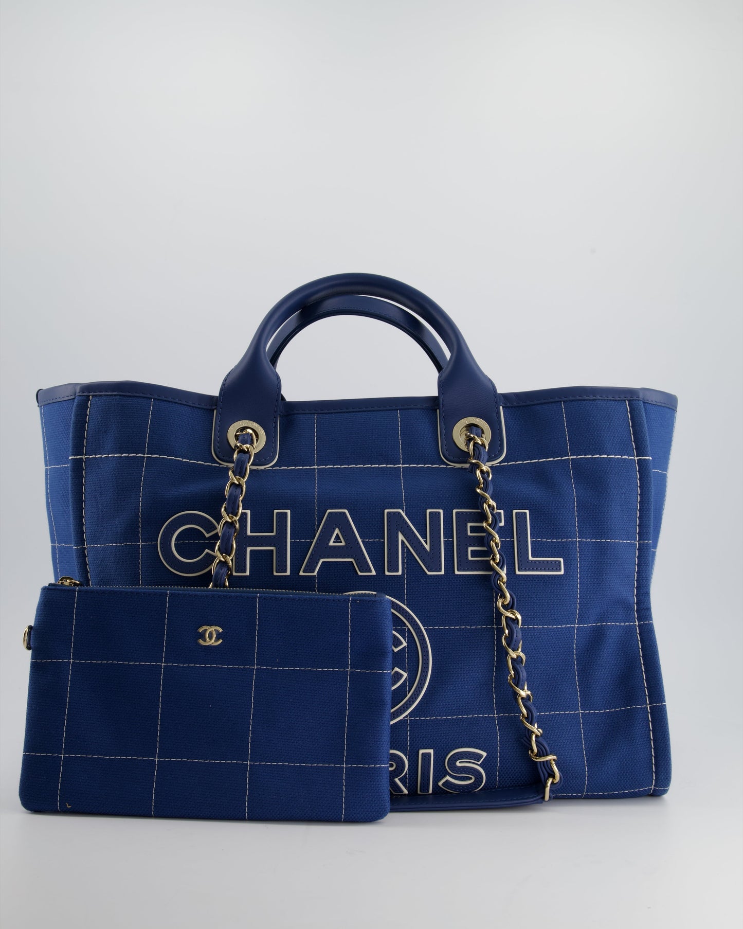 Chanel Deauville Medium Canvas Blue Gold Tote