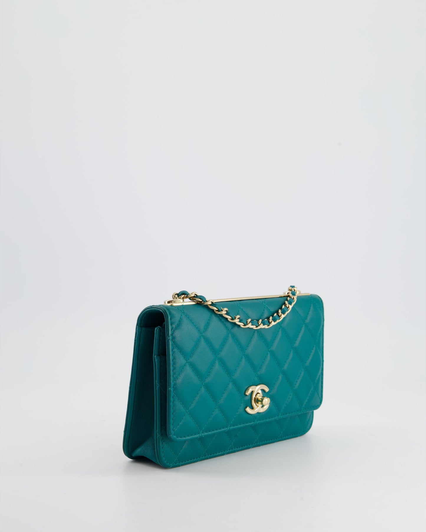 Chanel WOC Quilted Lambskin Leather Blue Gold Chain Crossbody Style