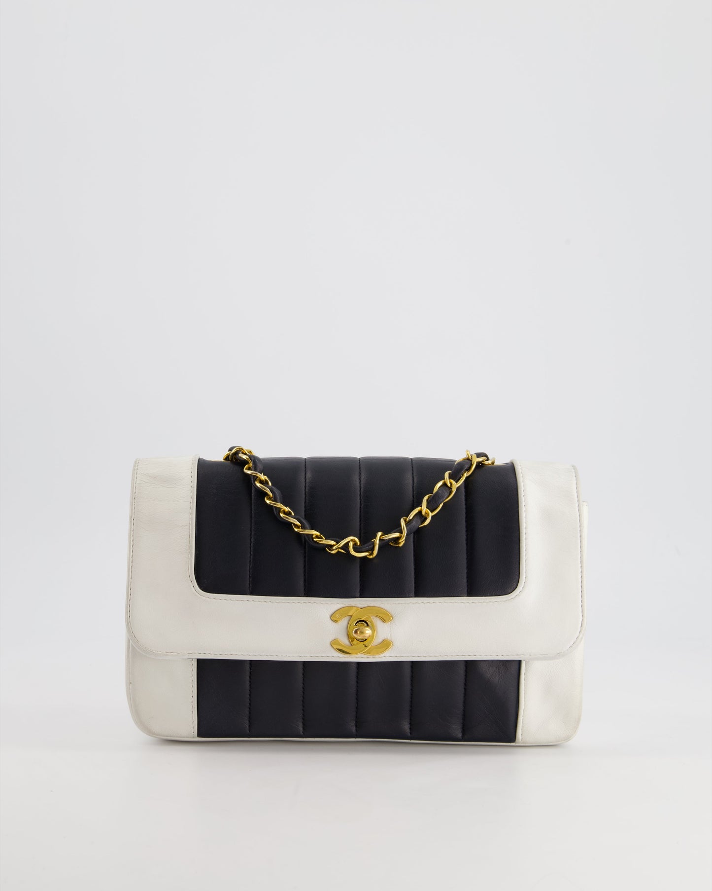 Chanel Flap Lambskin Leather Black White Gold Shoulder Bag