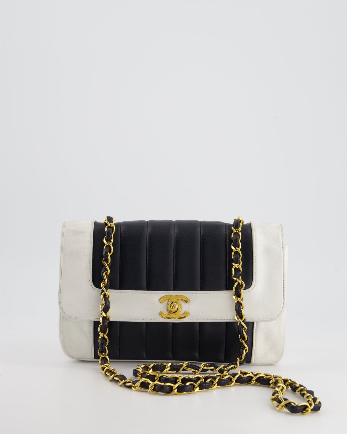 Chanel Flap Lambskin Leather Black White Gold Shoulder Bag Style