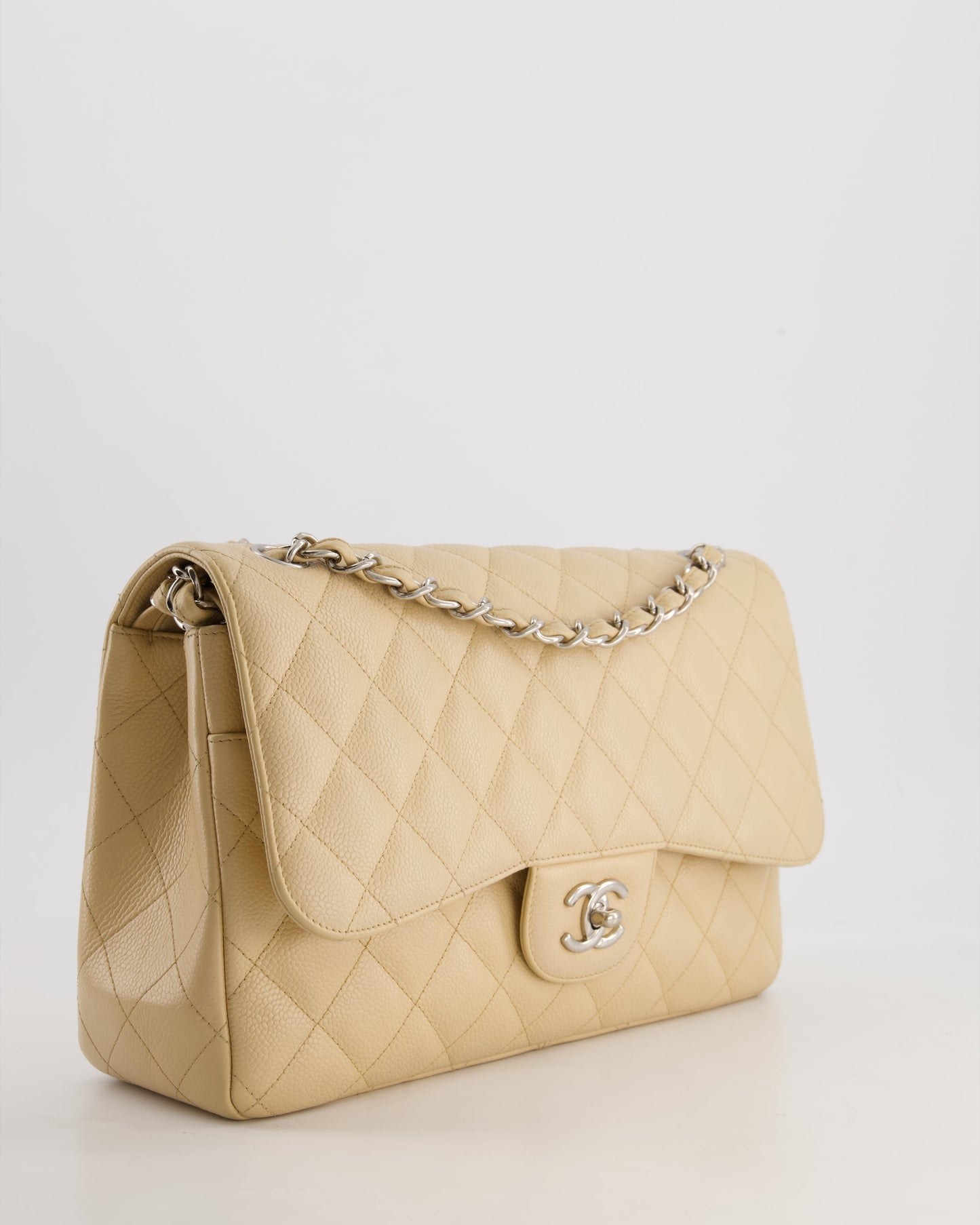Chanel Flap Classic Caviar Leather Beige Silver Shoulder Bag