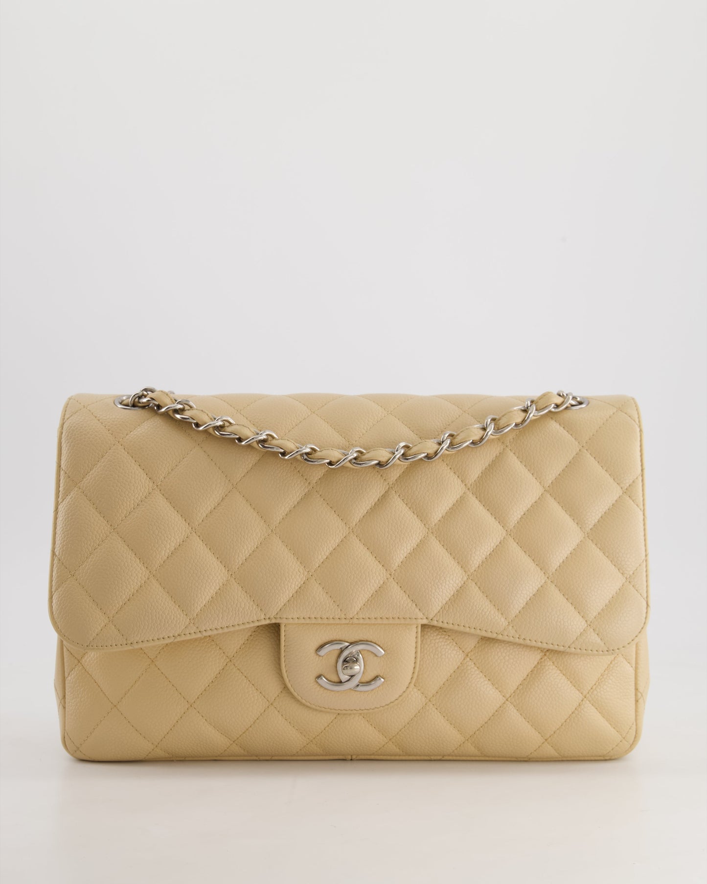 Chanel Flap Classic Caviar Leather Beige Silver Shoulder Bag Style