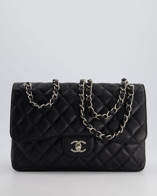Chanel Flap Classic Caviar Leather Black Silver Shoulder Bag Style