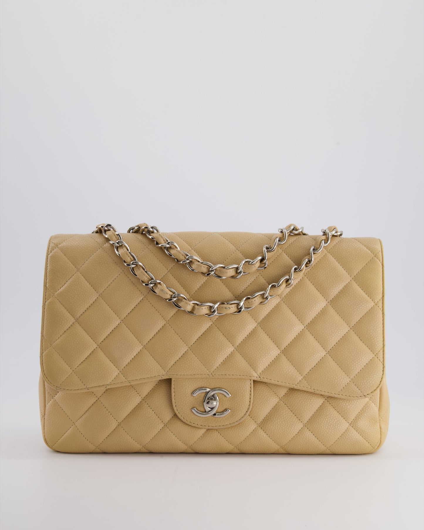 Chanel Flap Classic Caviar Leather Beige Silver Shoulder Bag Style 2