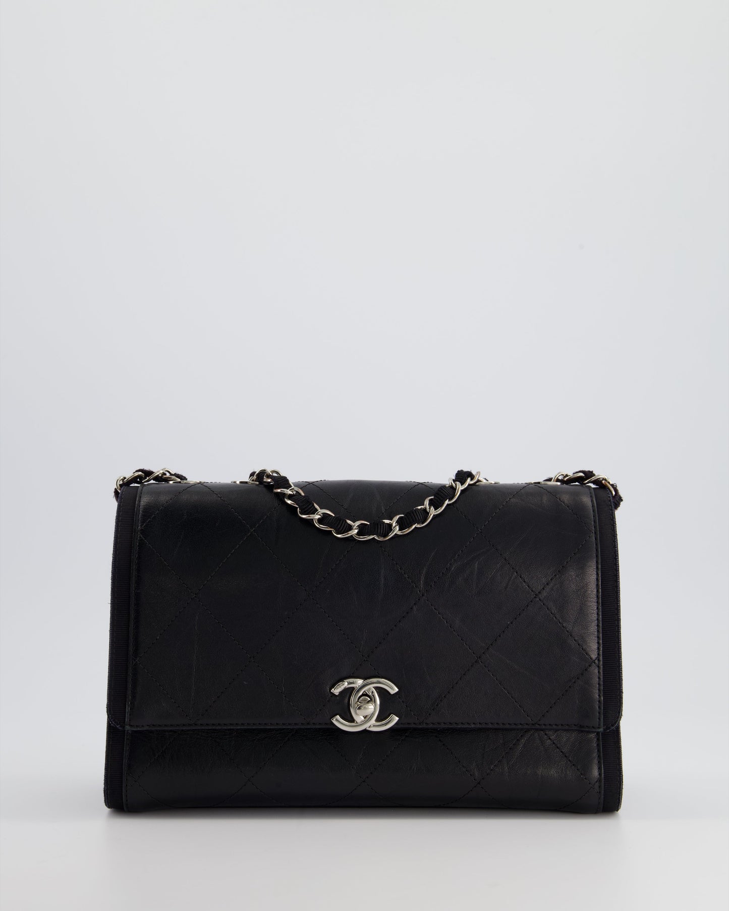 Chanel Flap Calfskin Leather Black Silver Shoulder Bag