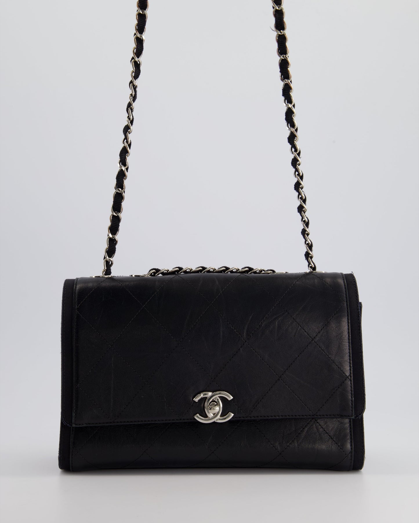 Chanel Flap Calfskin Leather Black Silver Shoulder Bag