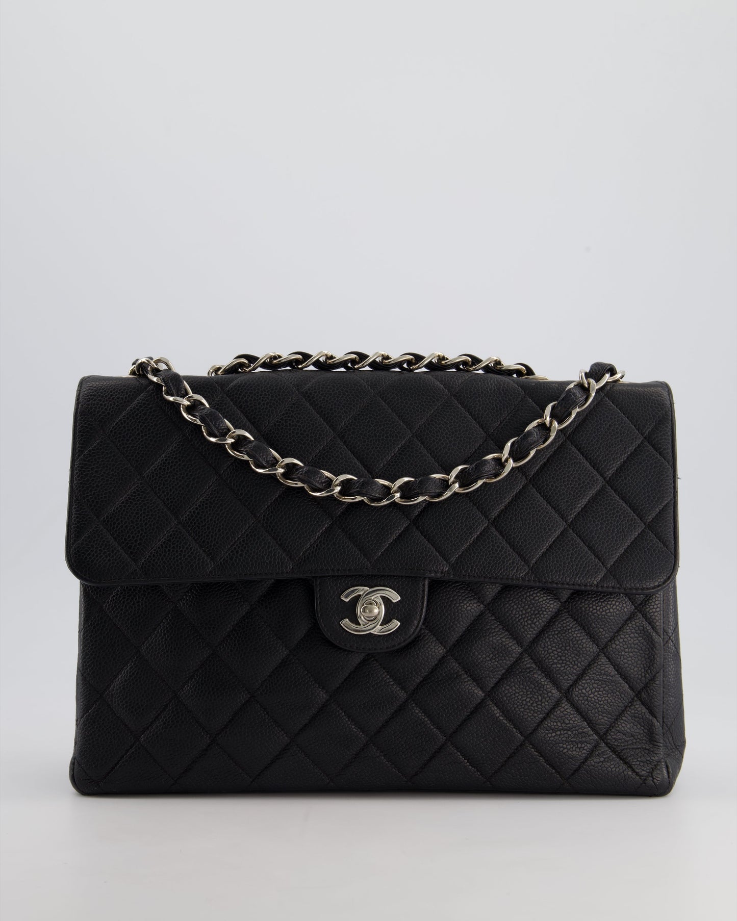 Chanel Black Quilted Caviar Square Jumbo Classic Single Flap Bag with Silver Hardware