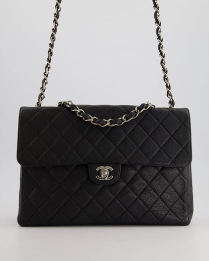 Chanel Black Quilted Caviar Square Jumbo Classic Single Flap Bag with Silver Hardware