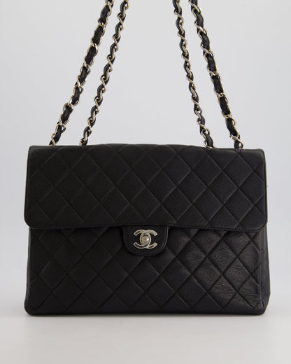 Chanel Black Quilted Caviar Square Jumbo Classic Single Flap Bag with Silver Hardware