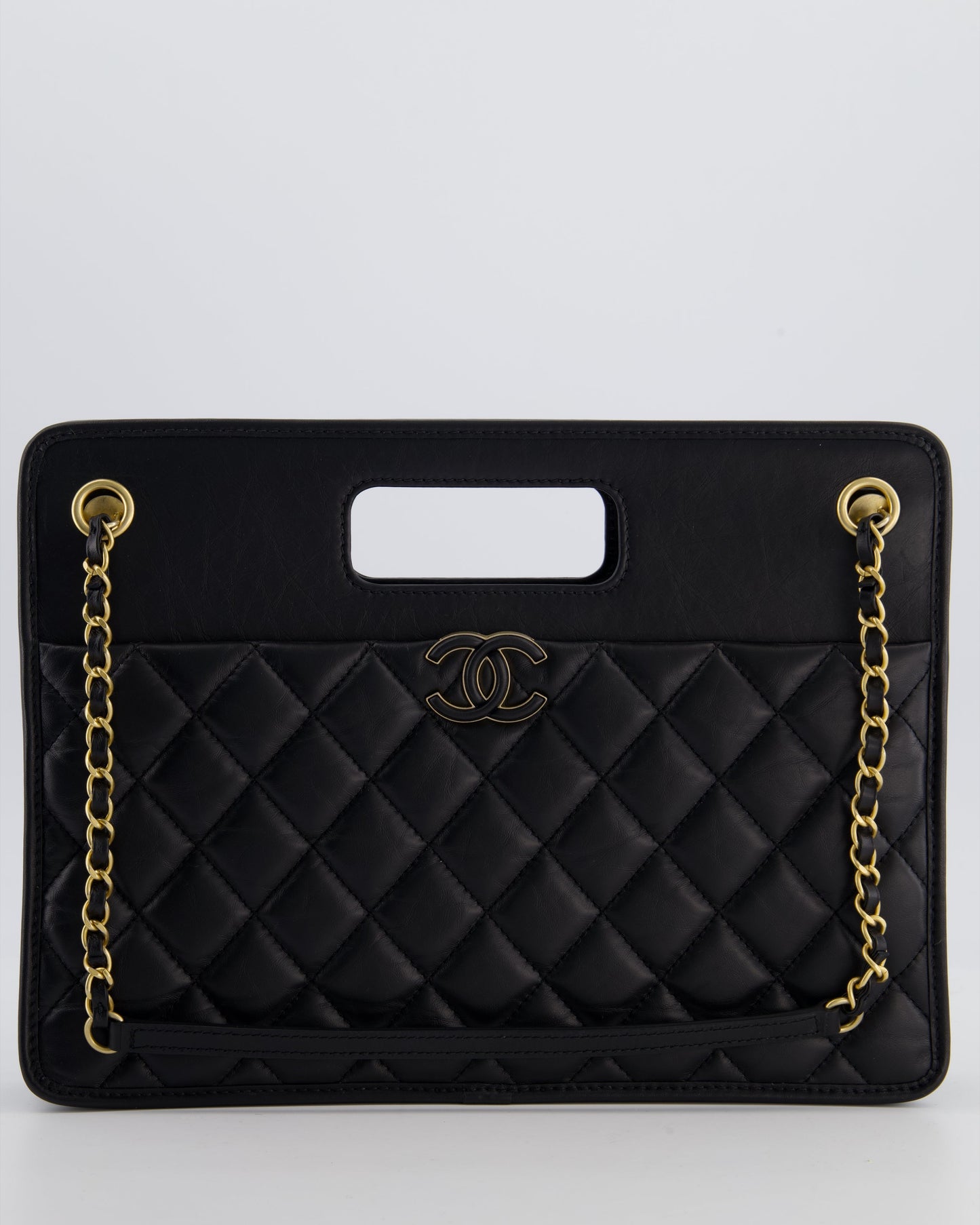Chanel Black Aged Calfskin Quilted Small Graphic Catch Shopping Bag with Gold Hardware