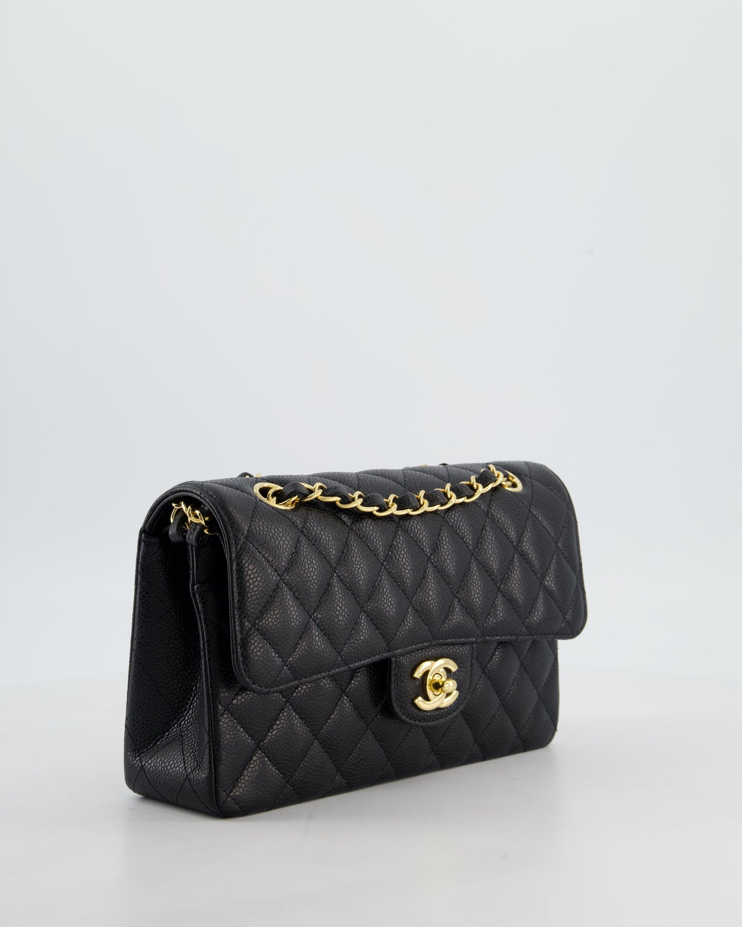 Chanel Flap Small Classic Caviar Leather Black Gold Shoulder Bag Style